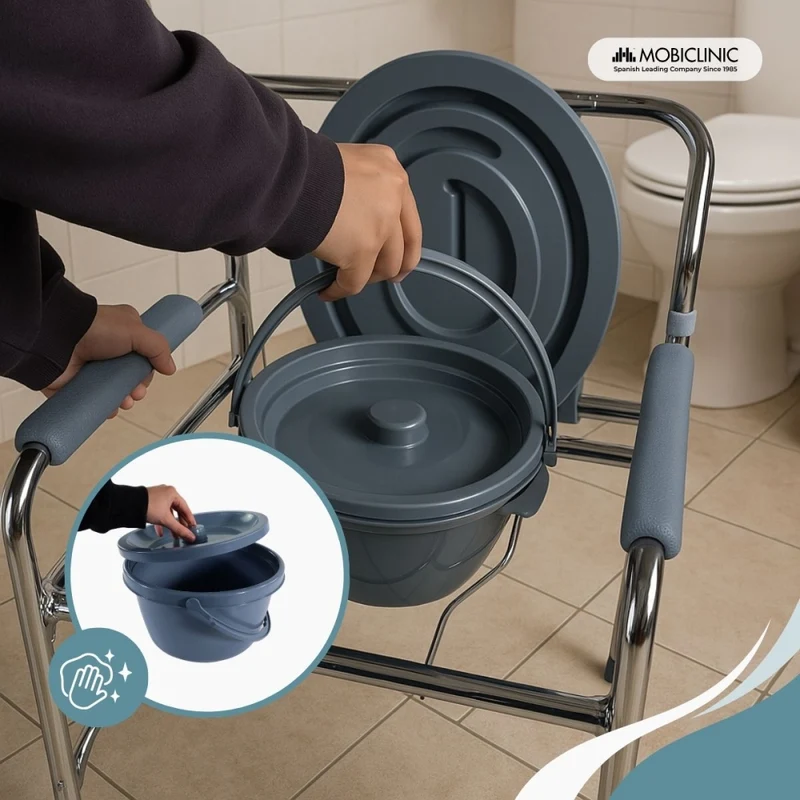 Toilettenstuhl | Mit Bezug | Höhenverstellbar | Verstellbare Armlehnen | Verchromter Stahl | Puente | Mobiclinic