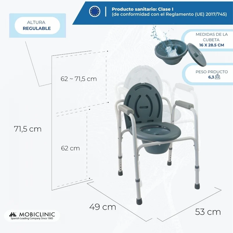 Toilettenstuhl | antirutsche Gummipuffer | Deckel | gepolsterten Armlehnen | Chromstahl | Arroyo | Mobiclinic