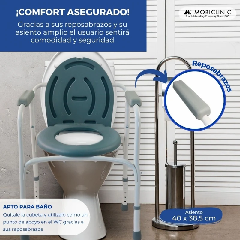 Toilettenstuhl | antirutsche Gummipuffer | Deckel | gepolsterten Armlehnen | Chromstahl | Arroyo | Mobiclinic