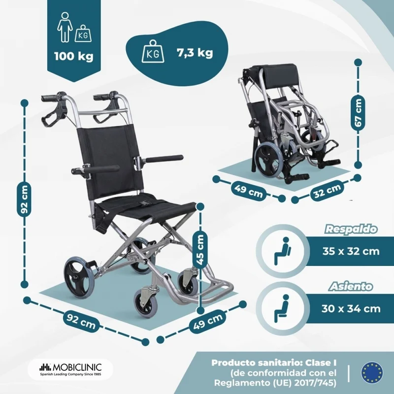 Transportrollstuhl | Faltbar | Aluminium | Kleine Räder | Bremsen an Griffen | Schwarz | Neptuno | Mobiclinic