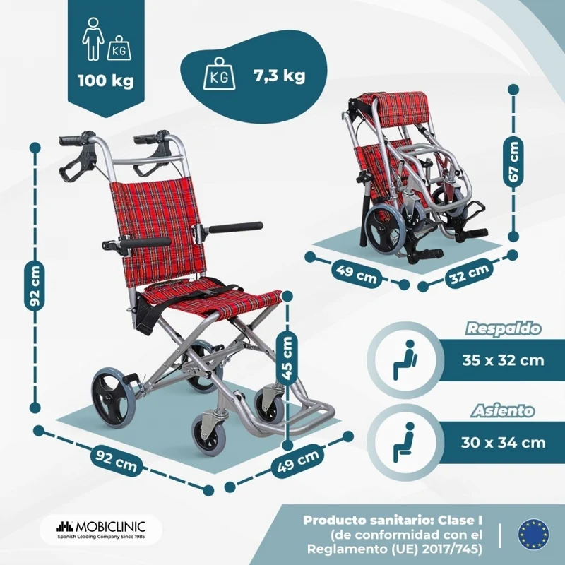 Transportrollstuhl | Faltbar | Aluminium | Kleine Räder | Bremsen an Griffen | Kariert | Neptuno | Mobiclinic