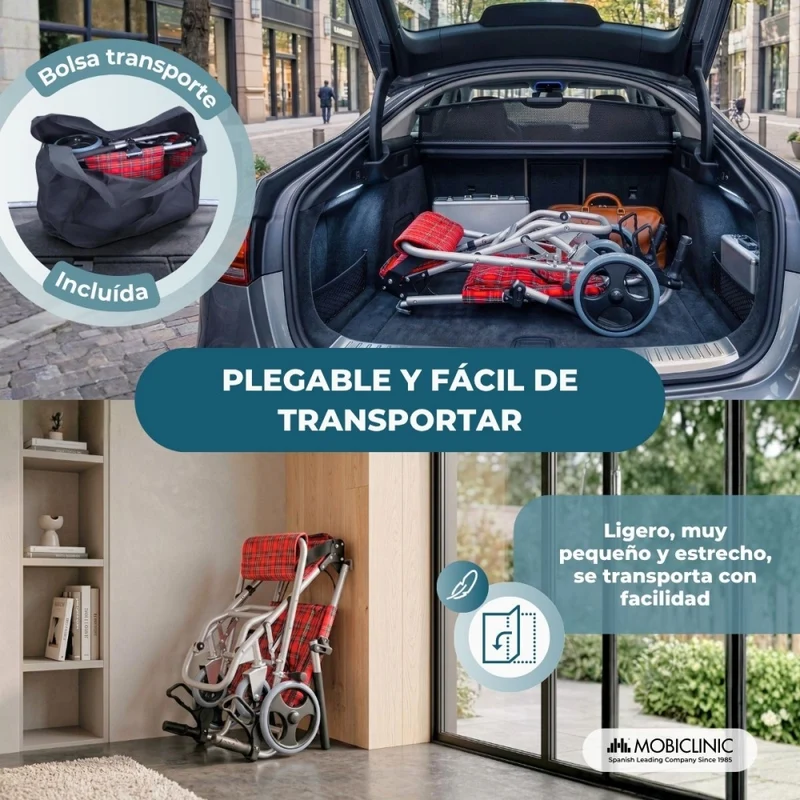 Transportrollstuhl | Faltbar | Aluminium | Kleine Räder | Bremsen an Griffen | Kariert | Neptuno | Mobiclinic