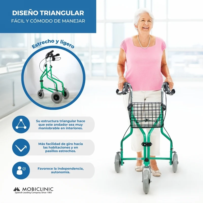 Rollator | 3 Rad | Faltbar | Verstellbar | Korb | Tragetasche | Grün | Caleta | Mobiclinic