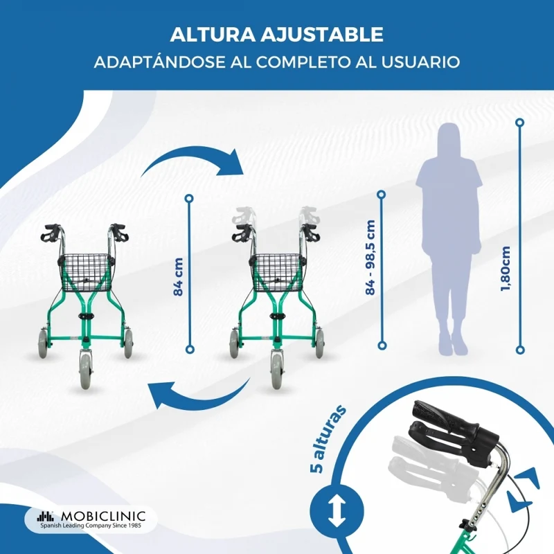 Rollator | 3 Rad | Faltbar | Verstellbar | Korb | Tragetasche | Grün | Caleta | Mobiclinic