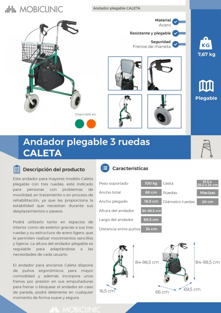 Rollator | 3 Rad | Faltbar | Verstellbar | Korb | Tragetasche | Grün | Caleta | Mobiclinic