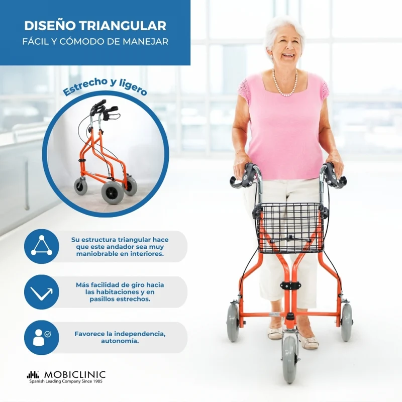 Rollator | 3 Rad | Faltbar | Verstellbar | Korb | Tragetasche | Orange | Caleta | Mobiclinic
