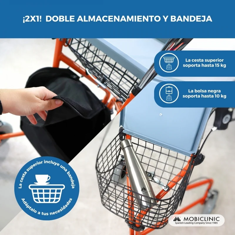 Rollator | 3 Rad | Faltbar | Verstellbar | Korb | Tragetasche | Orange | Caleta | Mobiclinic