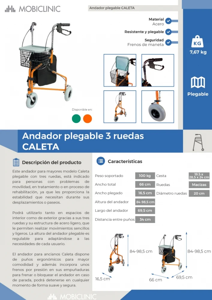 Rollator | 3 Rad | Faltbar | Verstellbar | Korb | Tragetasche | Orange | Caleta | Mobiclinic
