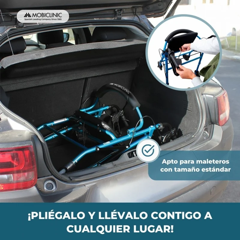 Rollator | Klappbar | Aluminium | Bremsen an Griffen | Sitz und Rückenlehne | 4 Räder | Blau | Modell: Escorial | Mobiclinic
