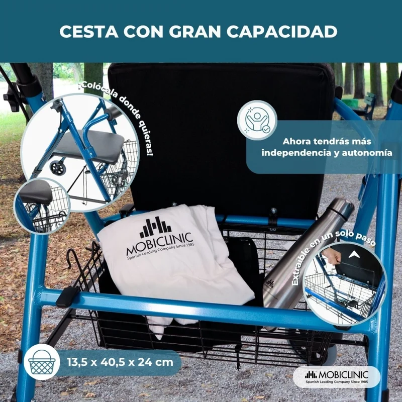Rollator | Klappbar | Aluminium | Bremsen an Griffen | Sitz und Rückenlehne | 4 Räder | Blau | Modell: Escorial | Mobiclinic
