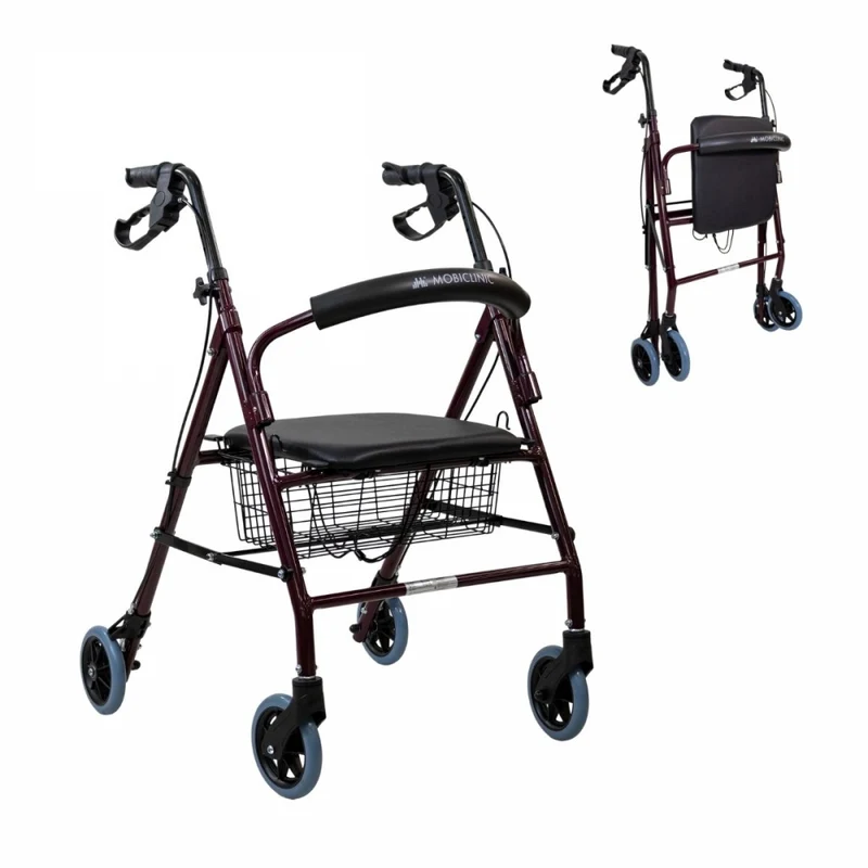 Rollator | Faltbar | Aluminium | Bremsen an den Griffen | Sitz und Rückenlehne | 4 Räder | Bordeaux | Escorial | Mobiclinic