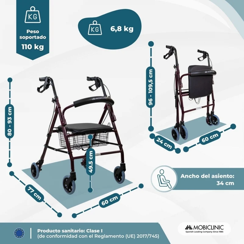 Rollator | Faltbar | Aluminium | Bremsen an den Griffen | Sitz und Rückenlehne | 4 Räder | Bordeaux | Escorial | Mobiclinic