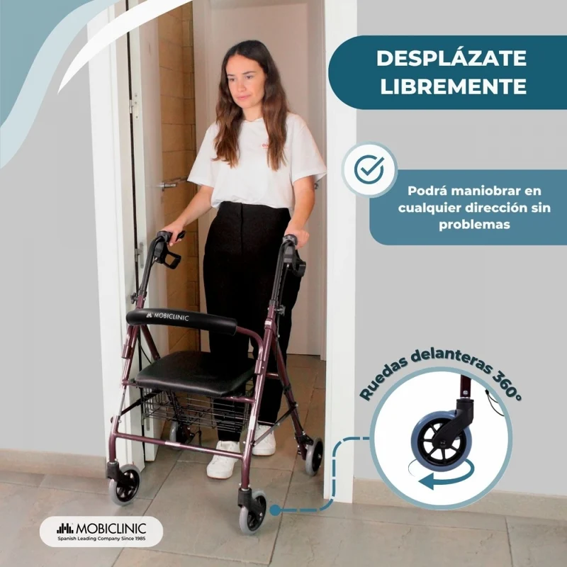 Rollator | Faltbar | Aluminium | Bremsen an den Griffen | Sitz und Rückenlehne | 4 Räder | Bordeaux | Escorial | Mobiclinic