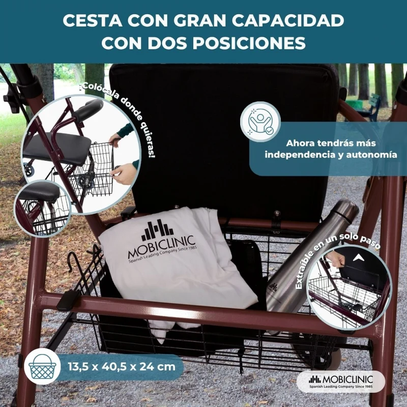 Rollator | Faltbar | Aluminium | Bremsen an den Griffen | Sitz und Rückenlehne | 4 Räder | Bordeaux | Escorial | Mobiclinic
