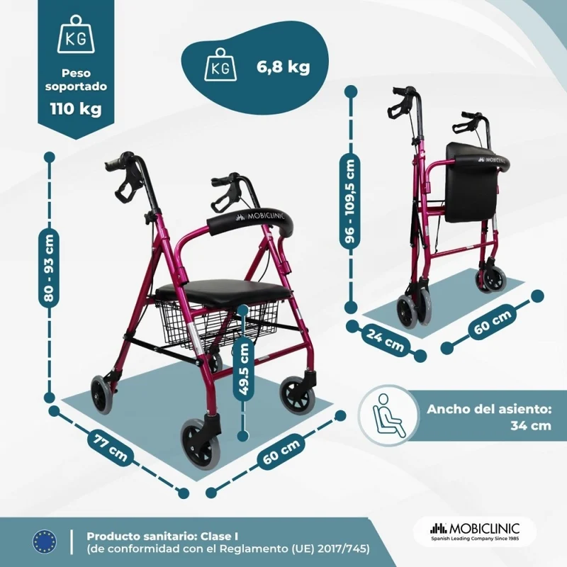 Rollator | Faltbar | Sitz und Rückenlehne | 4 Räder | Rosa | Modell: Escorial | Mobiclinic