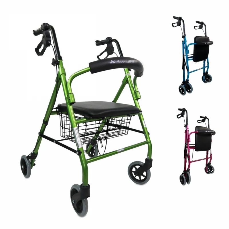 Rollator | Faltbar | Aluminium | Bremsen an den Griffen | Sitz und Rückenlehne | 4 Räder | Grün | Modell: Escorial | Mobiclinic