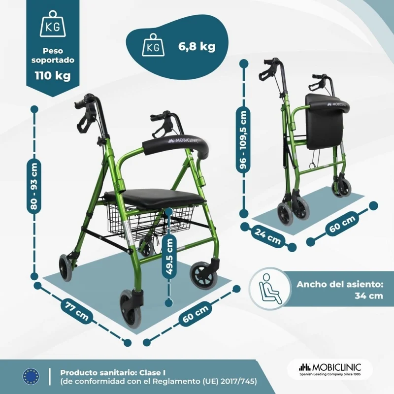 Rollator | Faltbar | Aluminium | Bremsen an den Griffen | Sitz und Rückenlehne | 4 Räder | Grün | Modell: Escorial | Mobiclinic