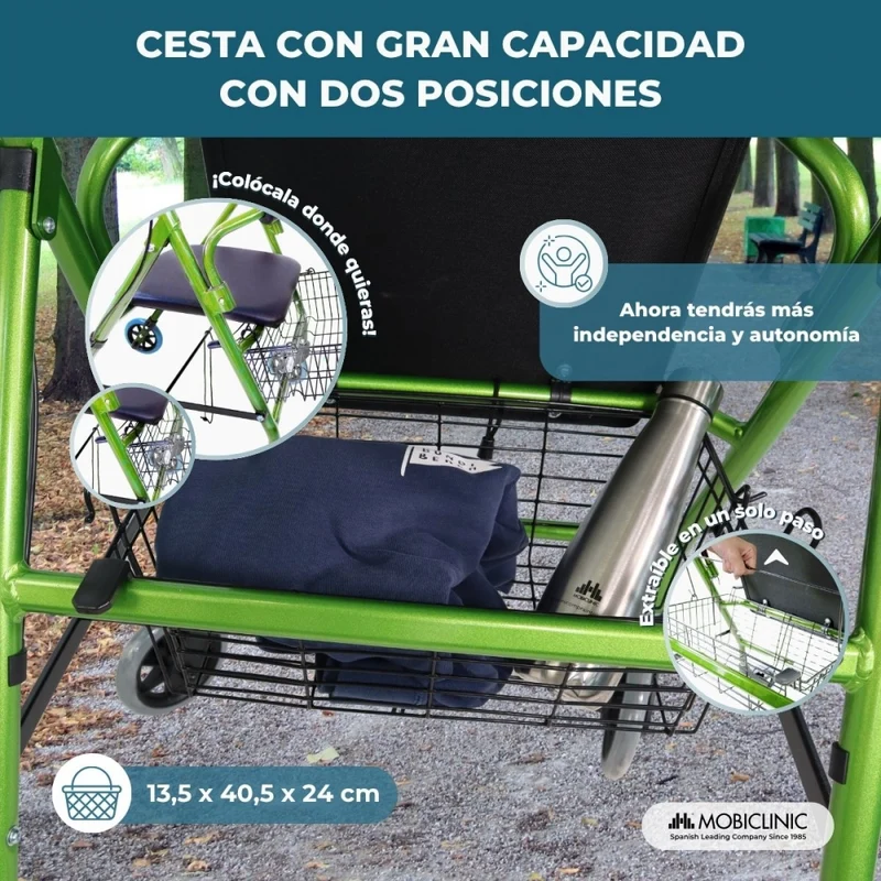 Rollator | Faltbar | Aluminium | Bremsen an den Griffen | Sitz und Rückenlehne | 4 Räder | Grün | Modell: Escorial | Mobiclinic