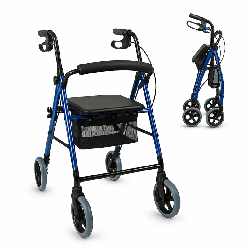 Rollator | Zusammenklappbar | Aluminium | Bremsen an den Griffen | Sitz und Rückenlehne | 4 Räder | TOP | Hercules | Mobiclinic