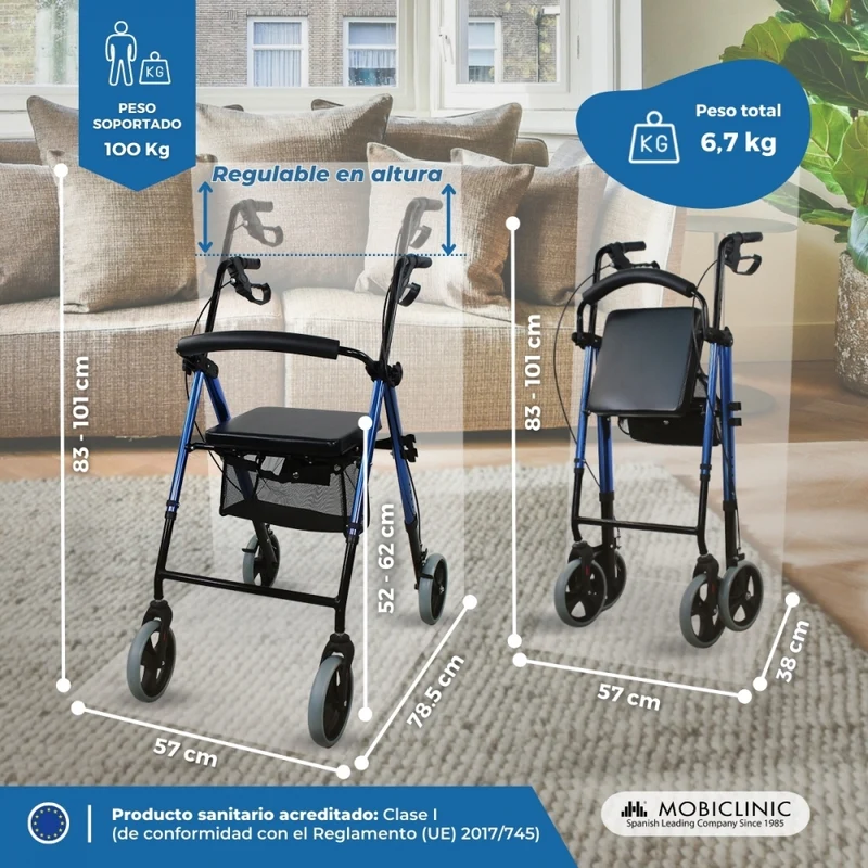 Rollator | Zusammenklappbar | Aluminium | Bremsen an den Griffen | Sitz und Rückenlehne | 4 Räder | TOP | Hercules | Mobiclinic