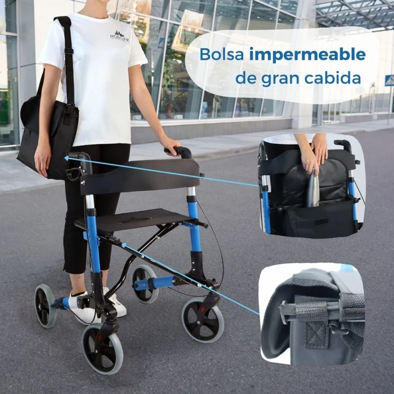 Gehhilfe mit 4 Rädern | Faltbar | Aluminium | Bremsen an Hebeln | Sitz und Rückenlehne | Trajano | Deluxe | Mobiclinic