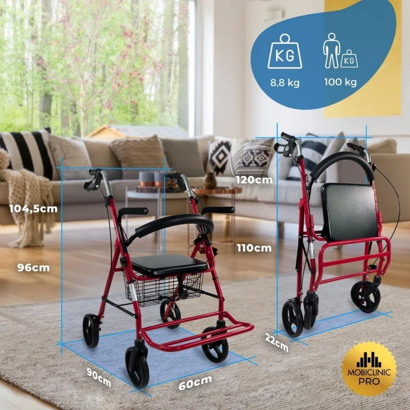 Rollator | Zusammenklappbar | Aluminium | Bremsen an den Griffen | Sitz und Rückenlehne | Bordeaux | Colón | Mobiclinic