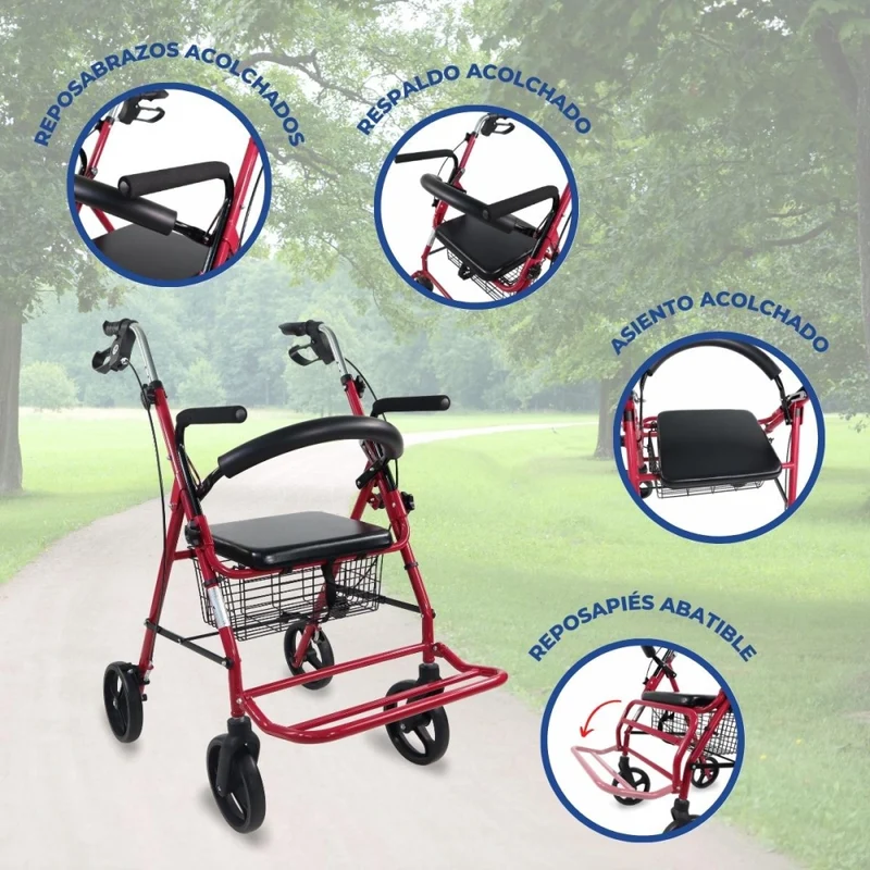 Rollator | Zusammenklappbar | Aluminium | Bremsen an den Griffen | Sitz und Rückenlehne | Bordeaux | Colón | Mobiclinic