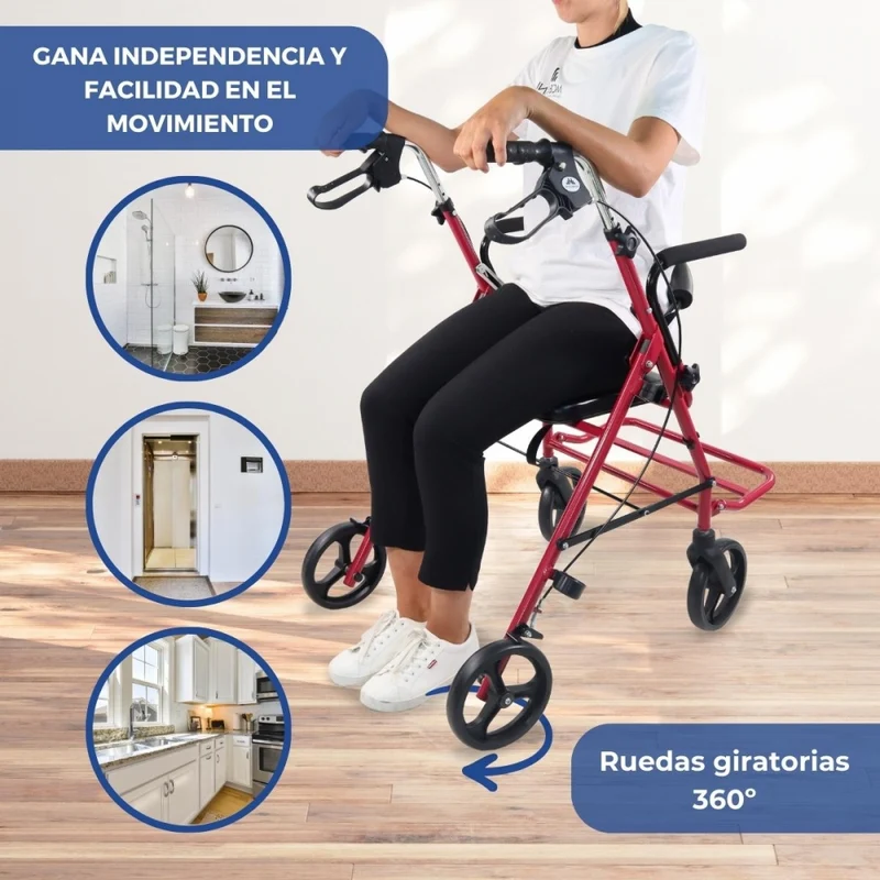 Rollator | Zusammenklappbar | Aluminium | Bremsen an den Griffen | Sitz und Rückenlehne | Bordeaux | Colón | Mobiclinic