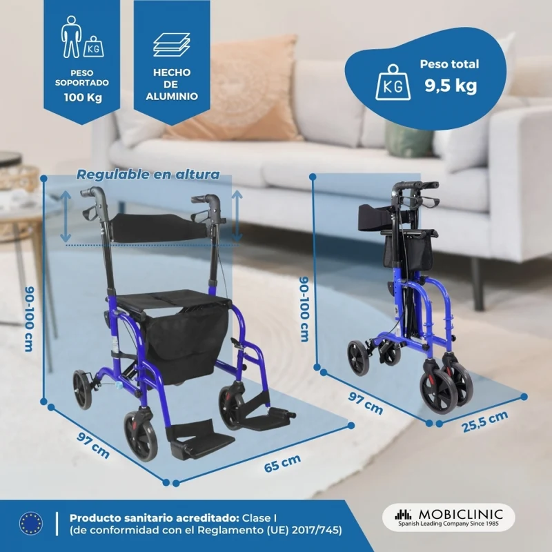 Luxus Rollator | Rollator-Rollstuhl-Kombination | Faltbar | Bremse | Aluminium | Blau | Picasso | Mobiclinic