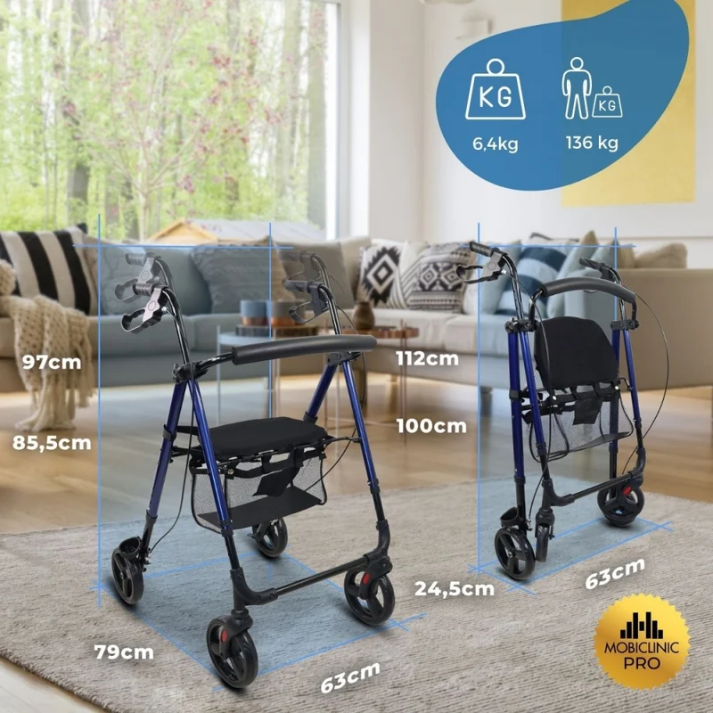 Premium Rollator | Faltbar | Leicht | Bremsen an den Handgriffen | Blau | Augusto | Mobiclinic