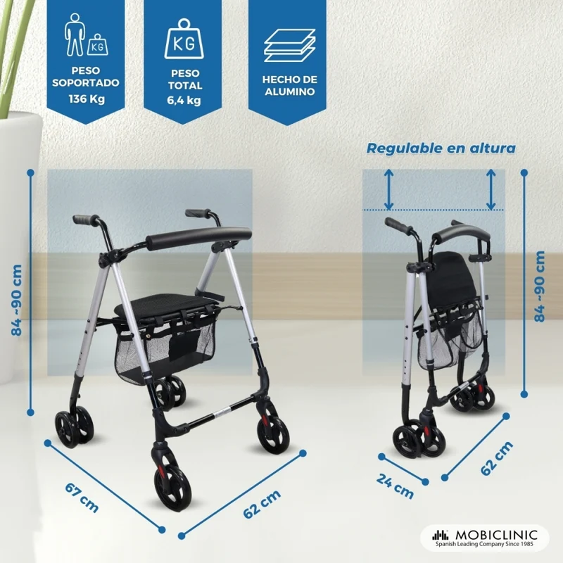 Top Rollator | Faltbar | Aluminium | Druckbremse | 4 Räder | Sitz und Rückenlehne | Blau | Dehesa | Mobiclinic