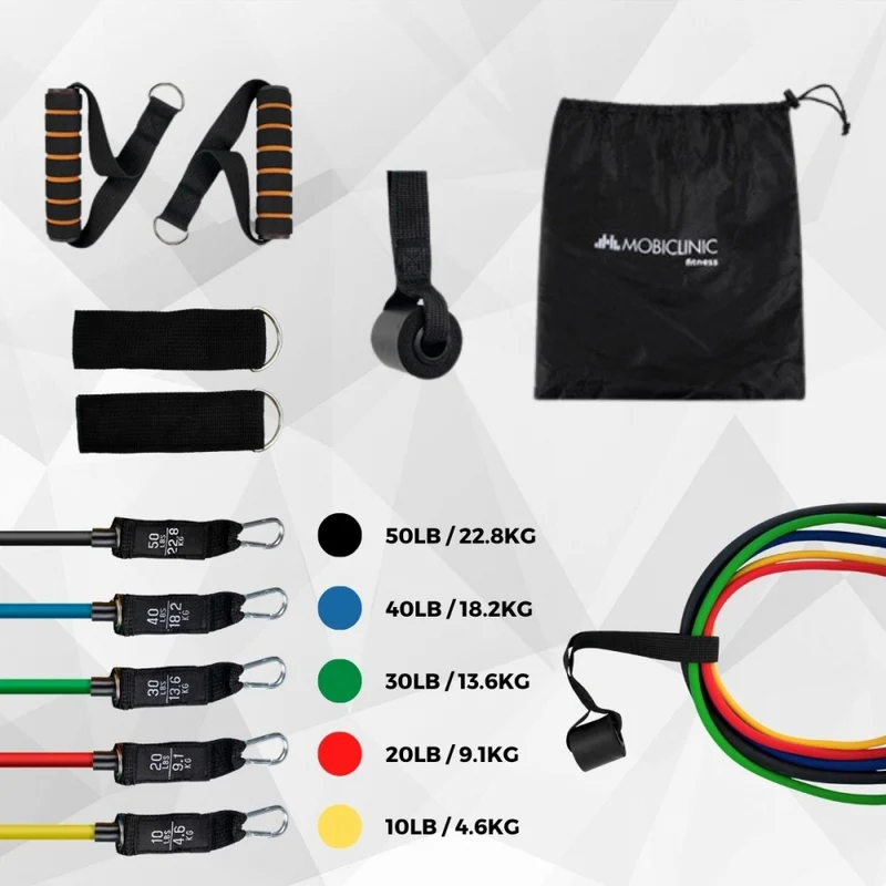 Elastische Widerstandsschläuche | 5 Widerstände | Inklusive Zubehör | Transportierfähig | Modell: BR-01 | Mobiclinic