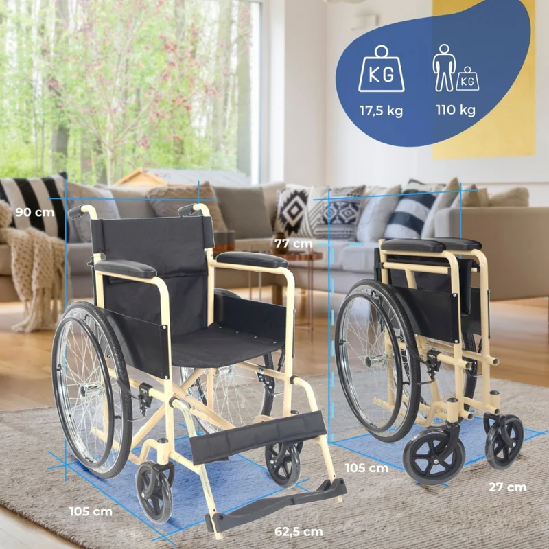 Faltrollstuhl | Geteilte Rückenlehne | Stahl | Große Räder | 45 cm | Creme | Modell: Denver | Mobiclinic