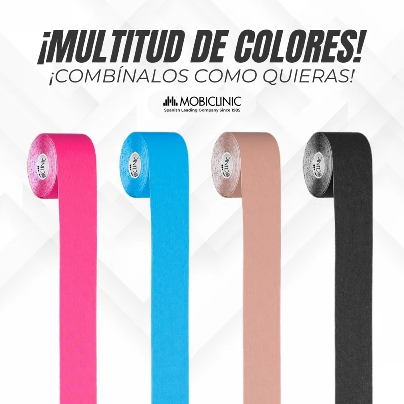 4er Pack Kinesiotape | Rosa, Blau, Schwarz und Beige | Neuromuskuläre Bandage | 5mx5cm | Mobitape | Mobiclinic