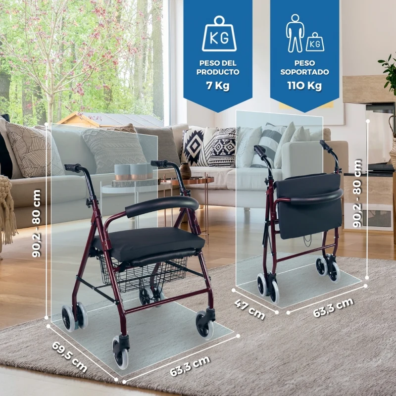 Set faltbarer Rollator und Anti-Dekubitus-Kissen | rollatorspezifisch | Lehne | Aluminium | Bordeaux | Prado Plus | Mobiclinic