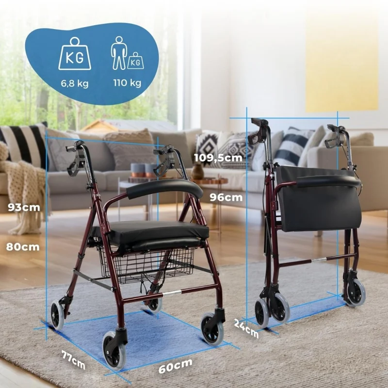 Set faltbarer Rollator und Anti-Dekubitus-Kissen | rollatorspezifisch | Aluminium | Bordeaux | Escorial Plus | Mobiclinic