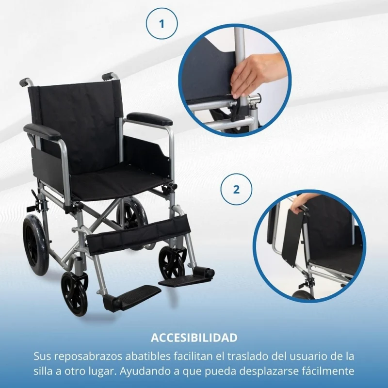 Faltrollstuhl | Abnehmbare kleine Hinterräder | Breite 46 cm | Silber| Modell: Marsella | Mobiclinic
