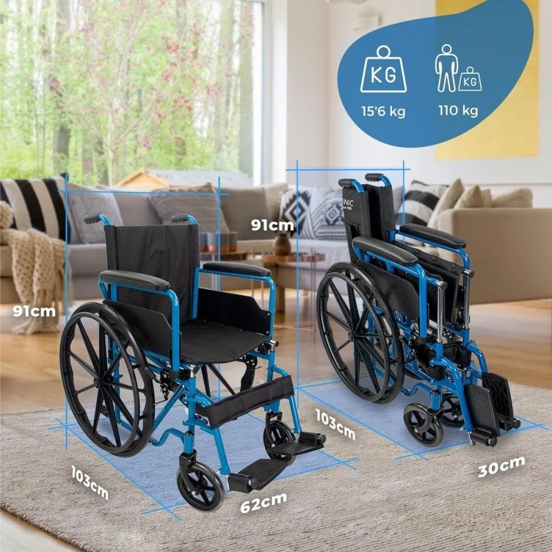 Faltbarer Rollstuhl | Große Räder | 40 cm | Blau| Modell: Marsella | Mobiclinic