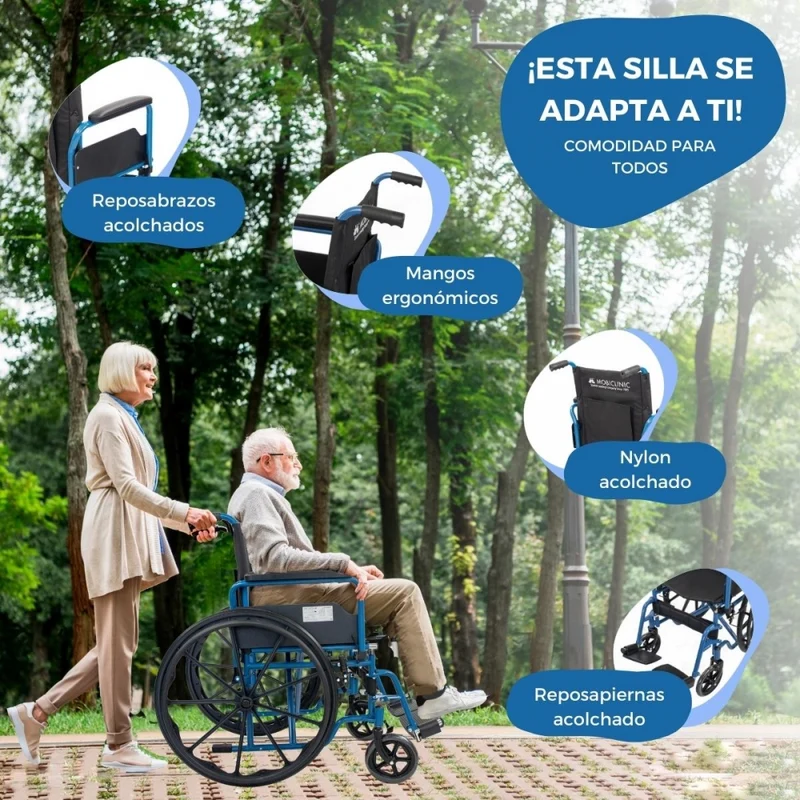 Faltbarer Rollstuhl | Große Räder | 40 cm | Blau| Modell: Marsella | Mobiclinic