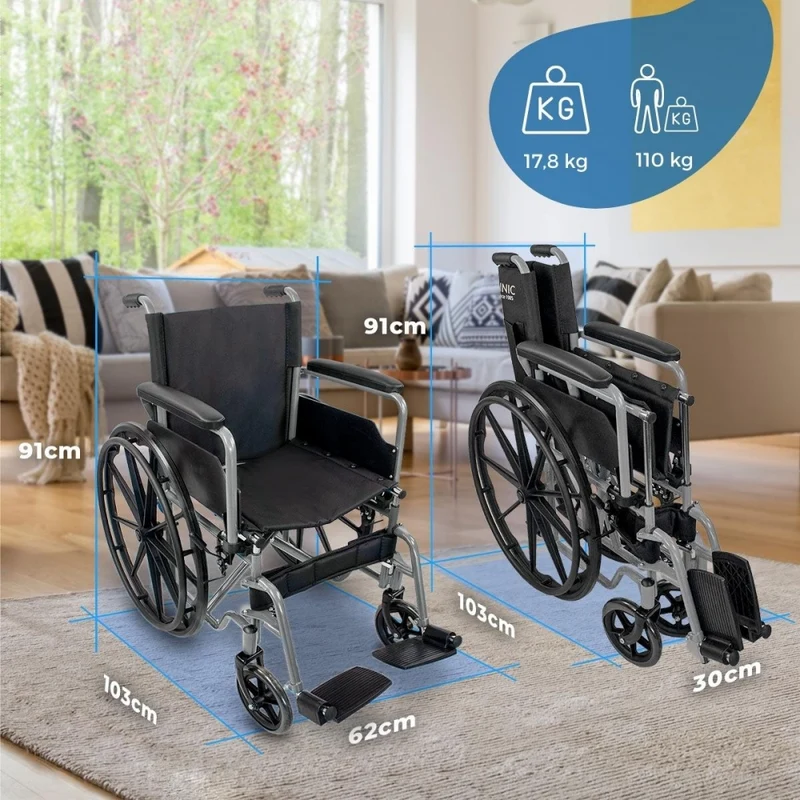 Faltbarer Rollstuhl | Große Räder | 46 cm | Grau | Modell: Marsella | Mobiclinic