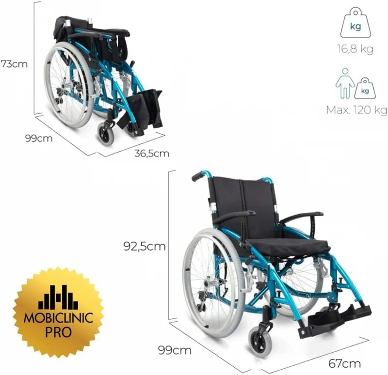 Rollstuhl |Premium| Aluminium | Rückenlehne klappbar | Dickes Kissen | Türkis | Modell: Venecia | Mobiclinic