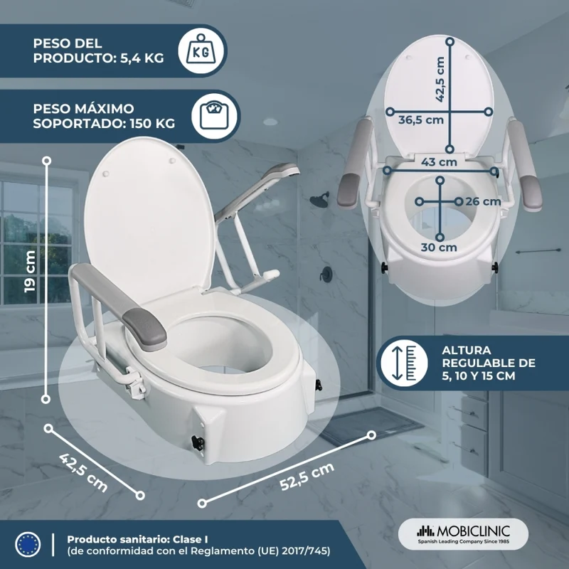Toilettensitzerhöhung mit Armlehnen | Deckel | 5-15 cm | Höhenverstellbar | Muralla
