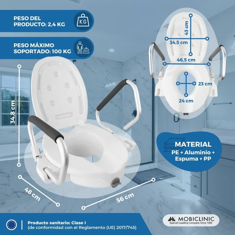 Toilettensitzerhöhung mit Armlehnen | Deckel | klappbare Armlehnen | Weiß | Guadiana | Mobiclinic