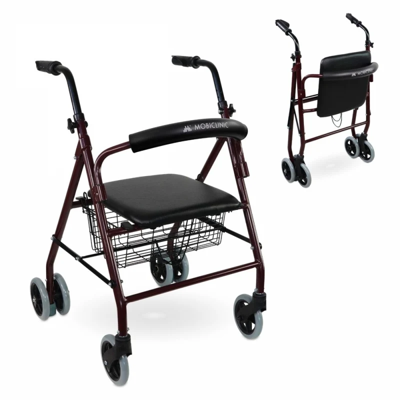 Klappbarer Rollator | Sitz und Rückenlehne | Aluminium | Korb | Für ältere Menschen | Bordeaux | Modell: Prado | Mobiclinic