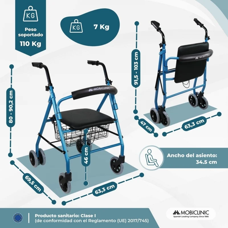 Klappbarer Rollator | Sitz und Rückenlehne | Aluminium | Korb | Für ältere Menschen | Blau | Modell: Prado | Mobiclinic