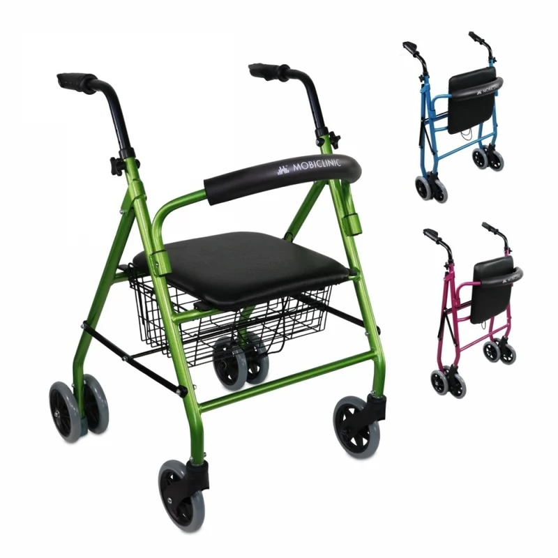 Faltbarer Rollator | Sitz und Rückenlehne | Aluminium | Korb | Für ältere Menschen | Grün | Modell: Prado | Mobiclinic