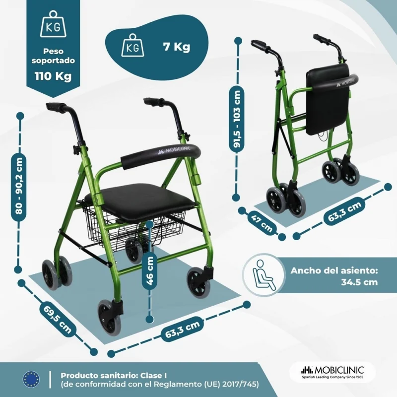 Faltbarer Rollator | Sitz und Rückenlehne | Aluminium | Korb | Für ältere Menschen | Grün | Modell: Prado | Mobiclinic