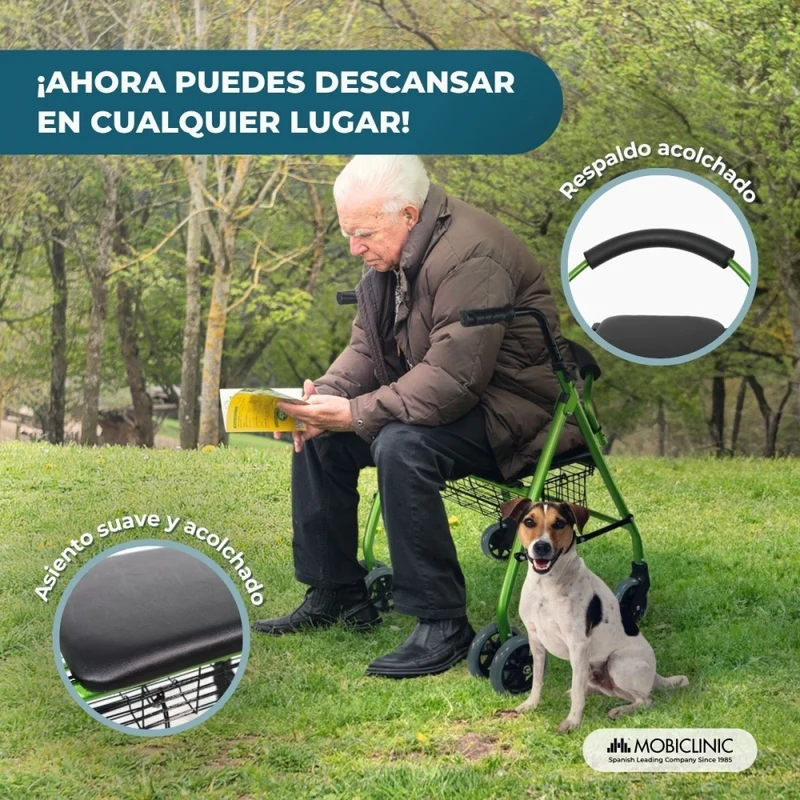 Faltbarer Rollator | Sitz und Rückenlehne | Aluminium | Korb | Für ältere Menschen | Grün | Modell: Prado | Mobiclinic