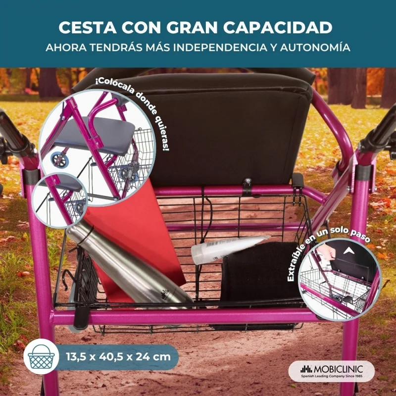 Klappbarer Rollator | inkl. Sitz und Rückenlehne | Aluminium | Korb | für Senioren | Rosa | Modell: Prado | Mobiclinic