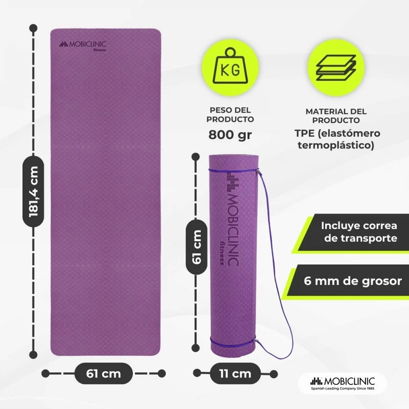 Yogamatte | Rutschfest | 181x61x0,6cm | Flexibel | TPE | Waschbar | Umweltfreundlich | Lila |EY-01| Mobiclinic